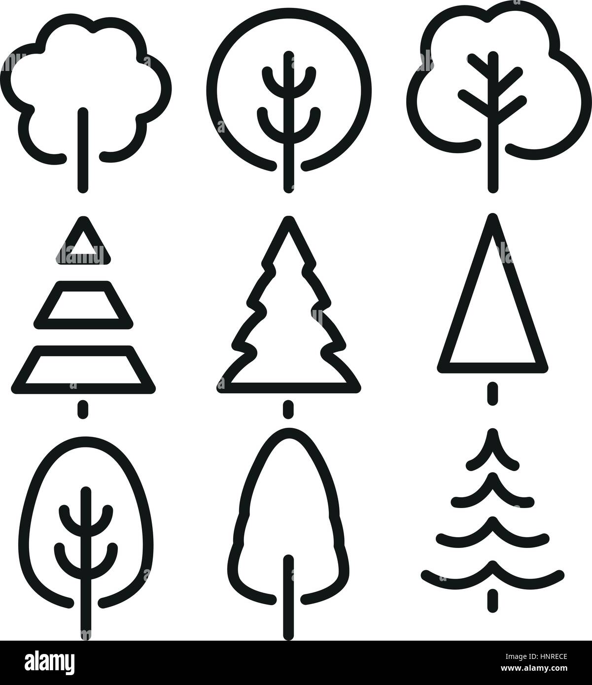 Schwarze und weiße Farbe Bäume in Lineart Formatvorlagensatz, Wald, Park und Garten flach Schilder Sammlung isoliert. Stock Vektor