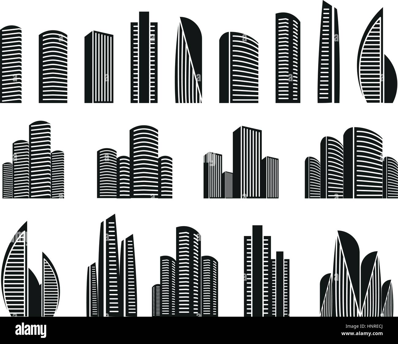 Schwarze und weiße Farbe Wolkenkratzer in Lineart Stil-Ikonen-Sammlung, Elemente der städtischen architektonische Gebäude-Vektor-Illustrationen-Set isoliert. Stock Vektor