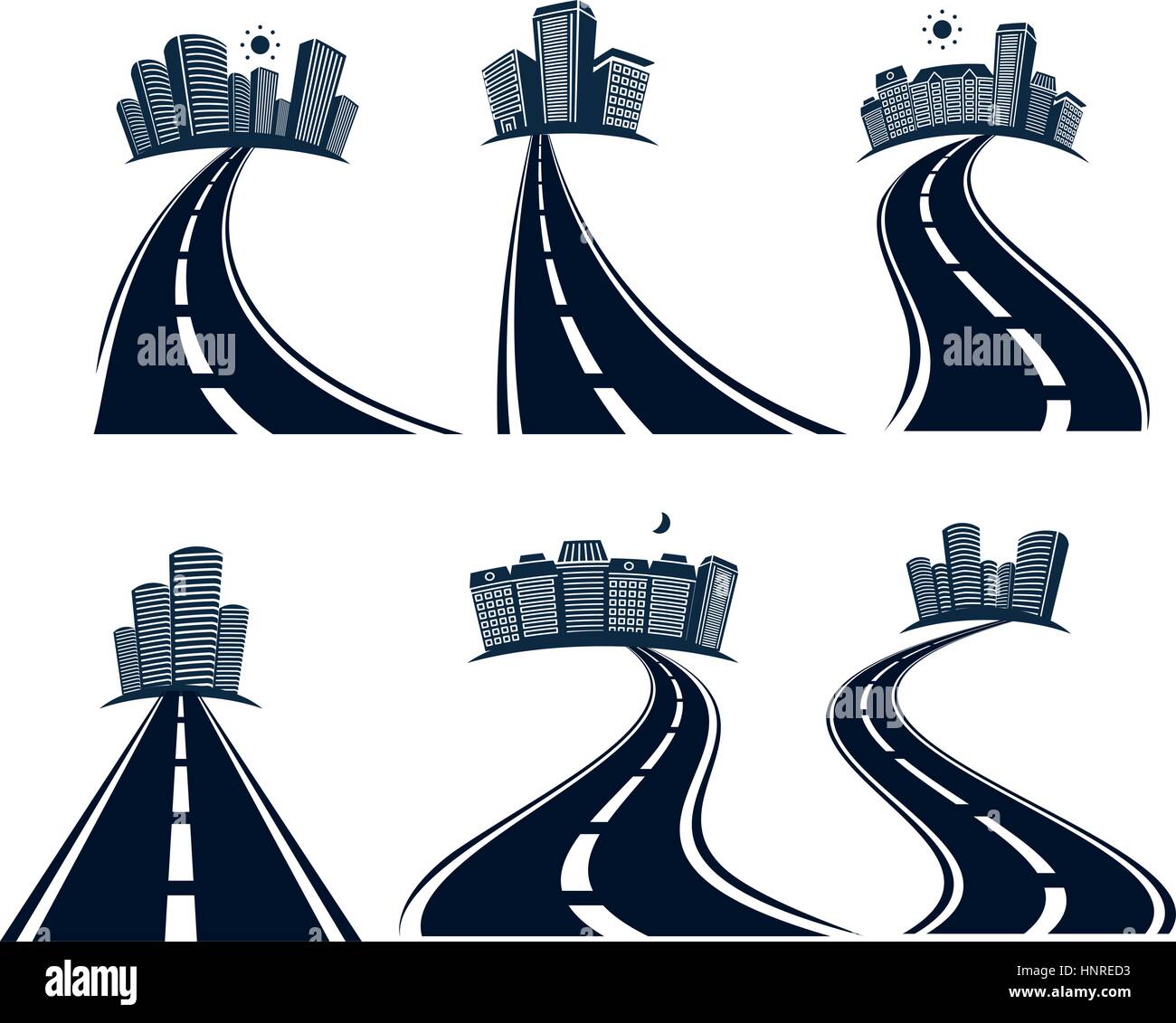 Isolierte Autobahn Straße zwischen Markierung und Stadtbild Symbole Sammlung Vektor-Illustration. Stock Vektor