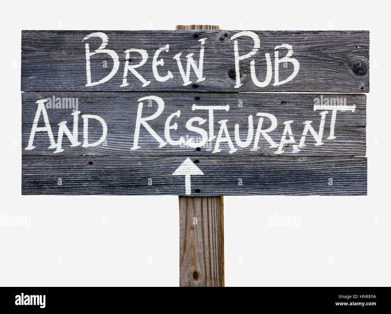 Handmade BREW PUB &AMP; RESTAURANT Schild mit Pfeil. Isoliert. Stockfoto