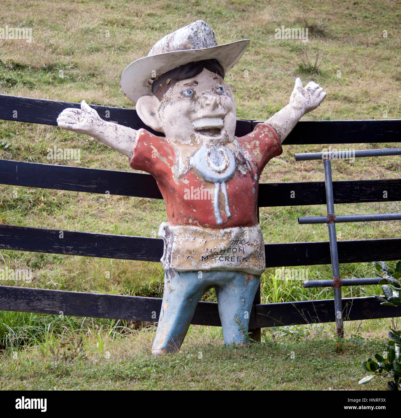 Winkenden Mann begrüßen Sie Puncheon Camp Creek Rinderfarm in Edneyville North Carolina Stockfoto