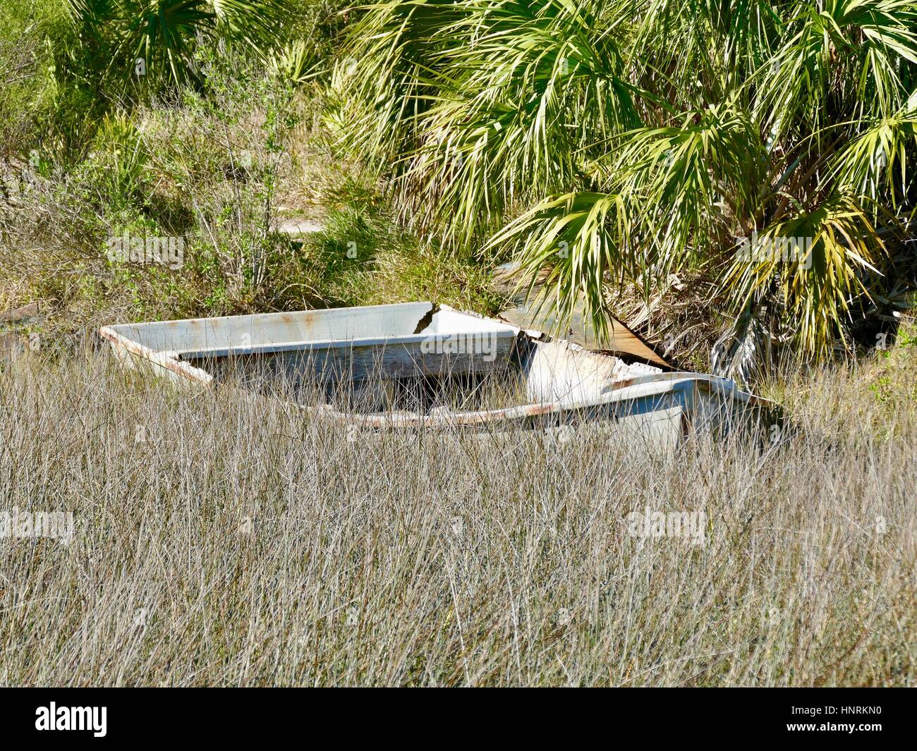 Gestrandet, Fäulnis Boot gewaschen in der Küstenstadt Grass, Cedar Key, Florida, USA Stockfoto