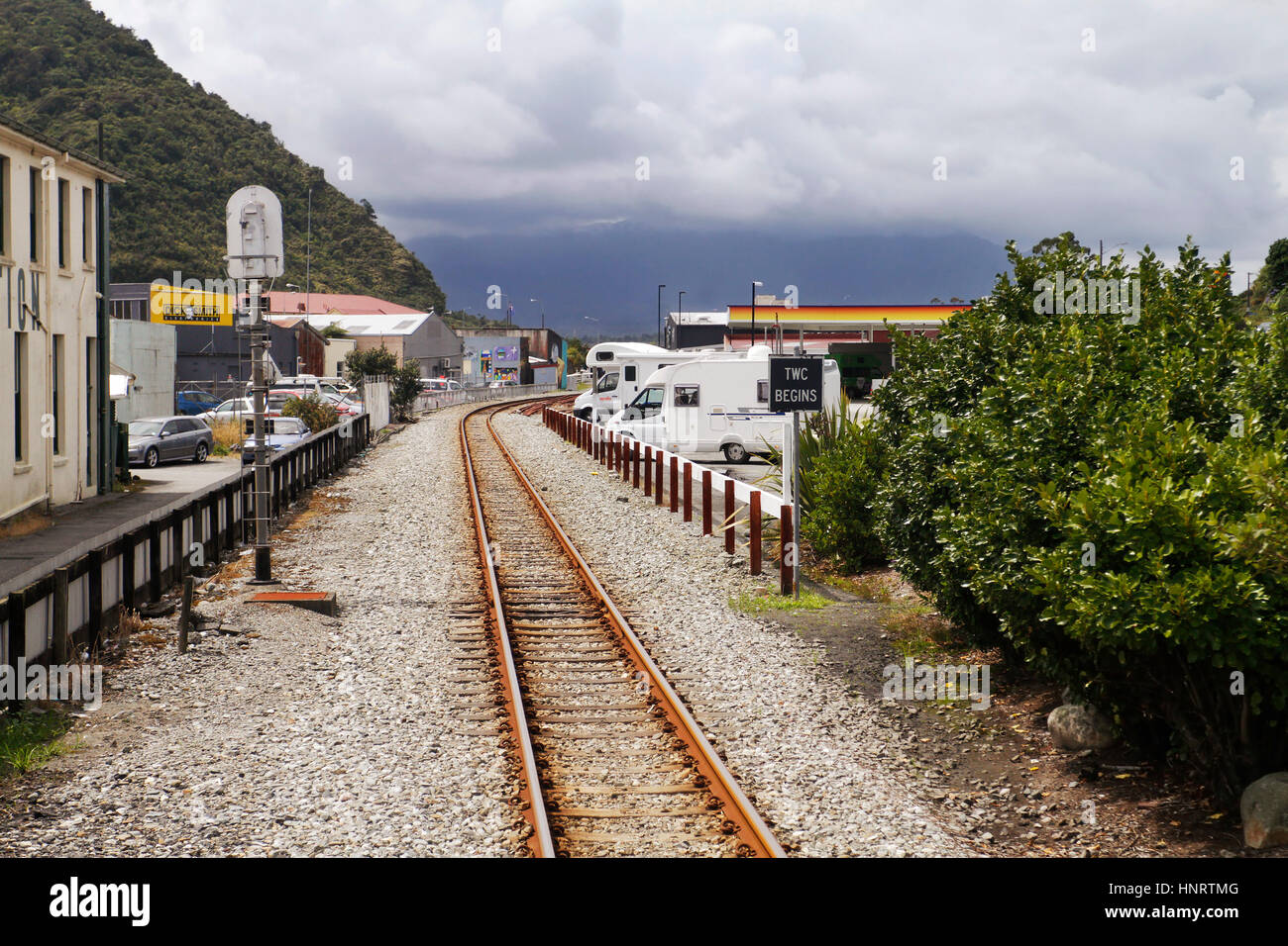 Bahnstrecke in Greymouth, Neuseeland Stockfoto