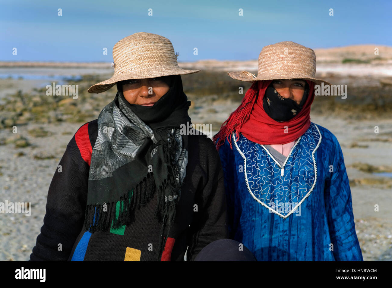 Tunisia.Djerba. Frauen sammeln Muscheln in Westküste. Zwischen Ajim und Bordj Jillidj Stockfoto