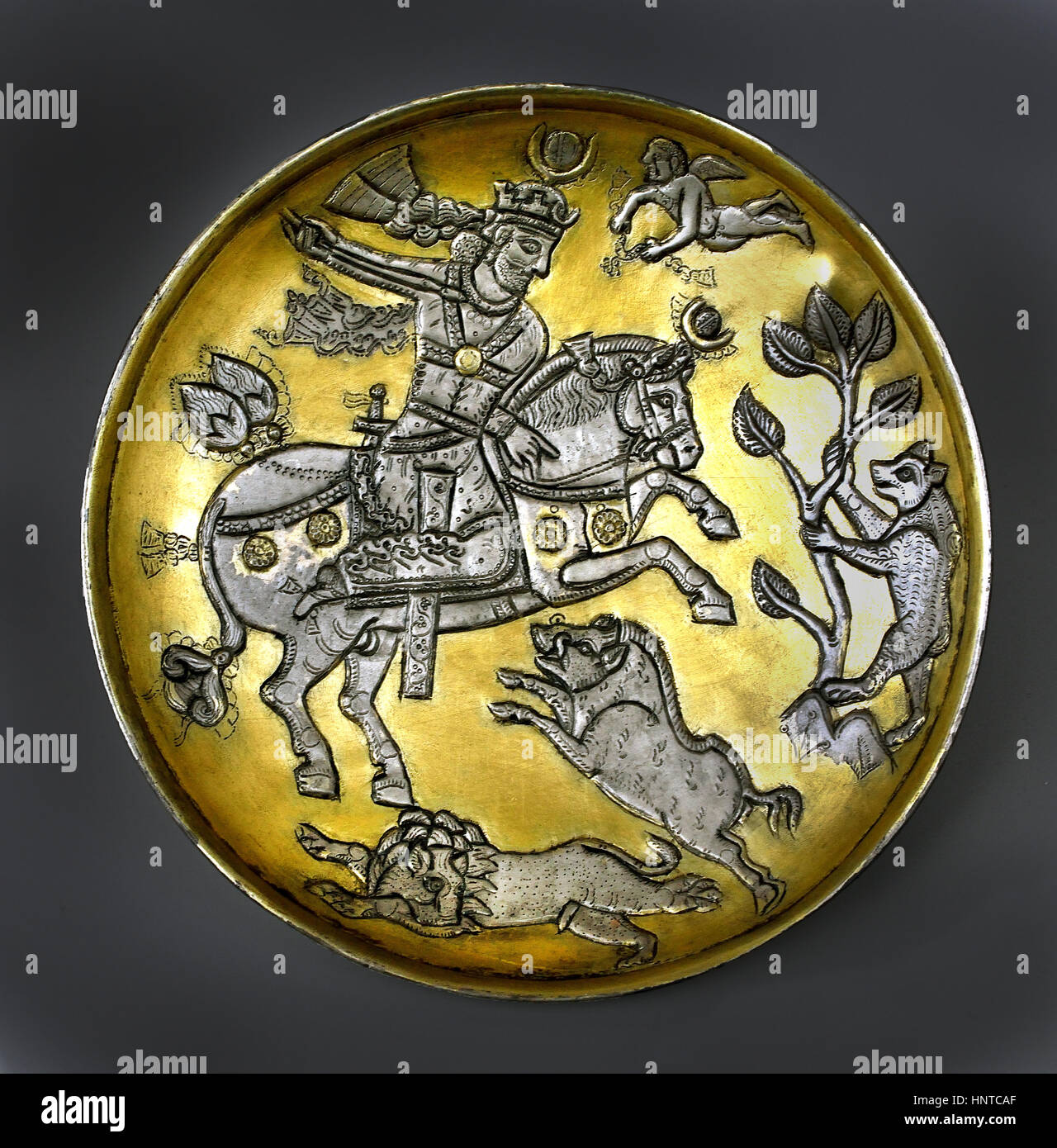 Jagd-Schale mit einer sassanidischen Königtum 7.Jahrhundert iranisch, Silber, Gold, Neo Perserreich Iran Persien Stockfoto