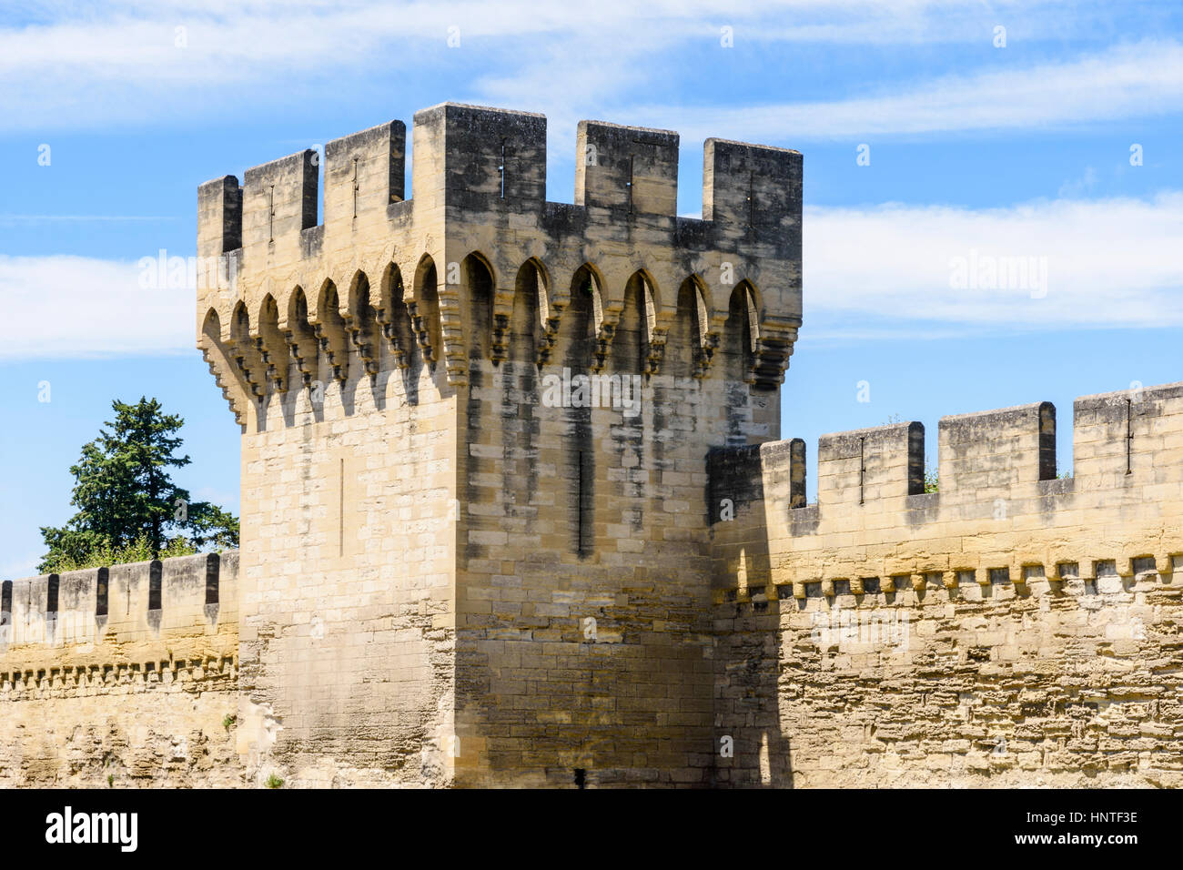 Wehrturm, Teil des südlichen Abschnitts Wälle von der mittelalterlichen ummauerten Stadt Avignon, Frankreich Stockfoto