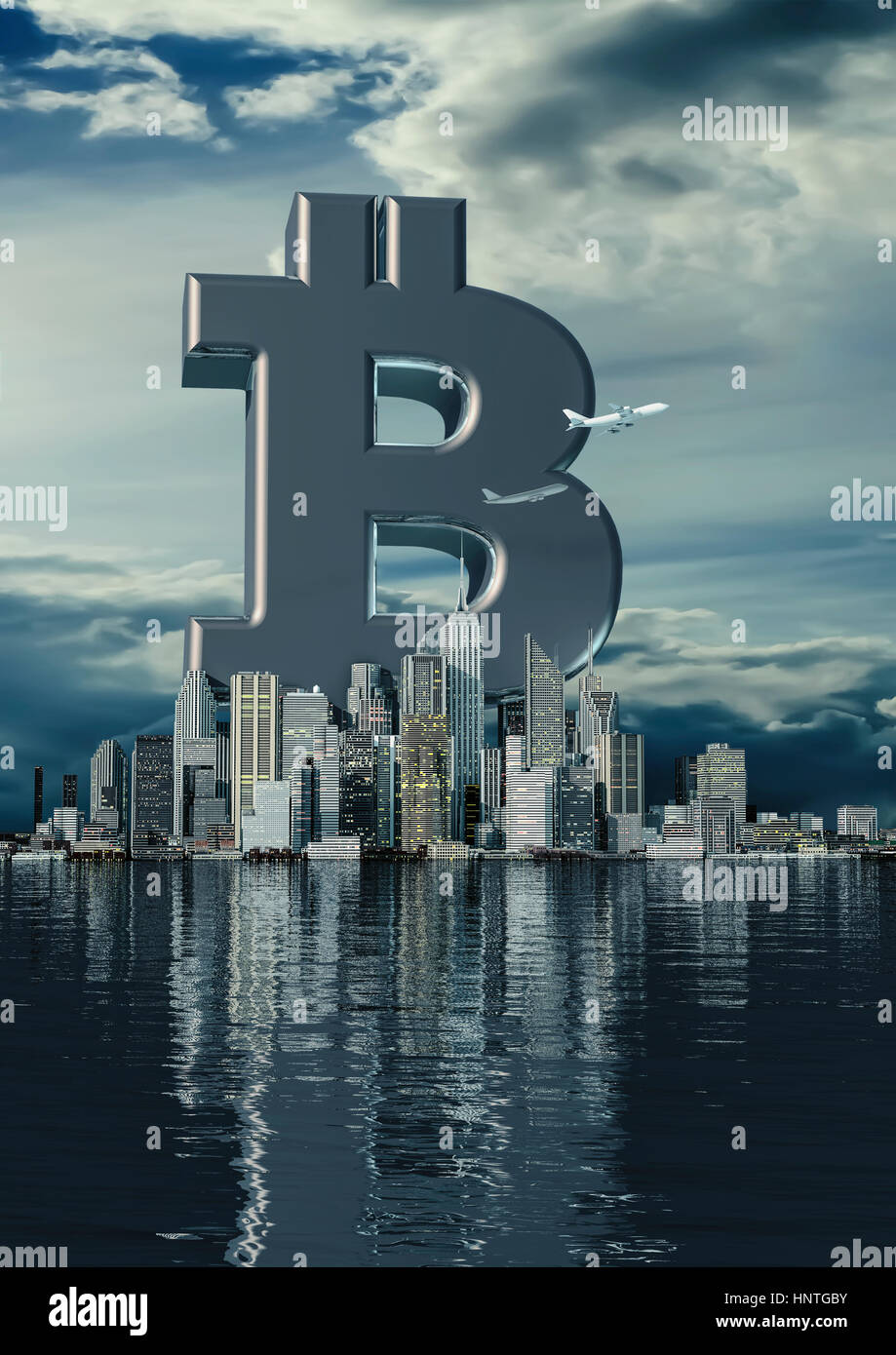 Unternehmen Stadt Bitcoin / 3D Illustration des Bitcoin-Symbols rising von modernen Stadt auf die Waterfron Stockfoto