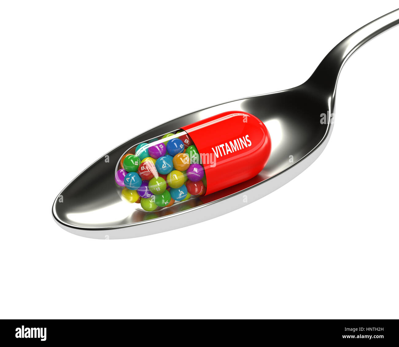 3D-Rendering des Vitamin-Pille mit Granulat auf Löffel auf weißem Hintergrund Stockfoto