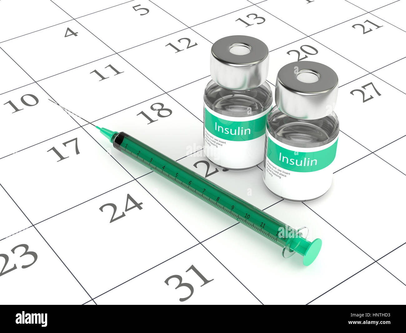 3D-Rendering des Insulin-Fläschchen und Spritze über Kalender Stockfoto