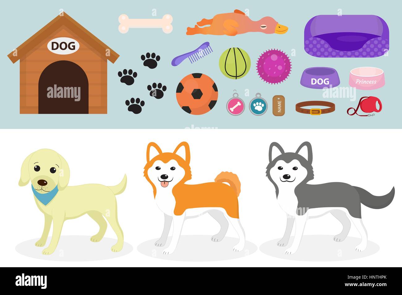 Hunde Sachen Symbol set mit Zubehör für Haustiere, flachen Stil, isoliert auf weißem Hintergrund. Haustiere-Kollektion mit einem Husky, Akita Inu, Lablador. Welpen Spielzeug. Vektor-Illustration, ClipArt-Grafiken. Stock Vektor