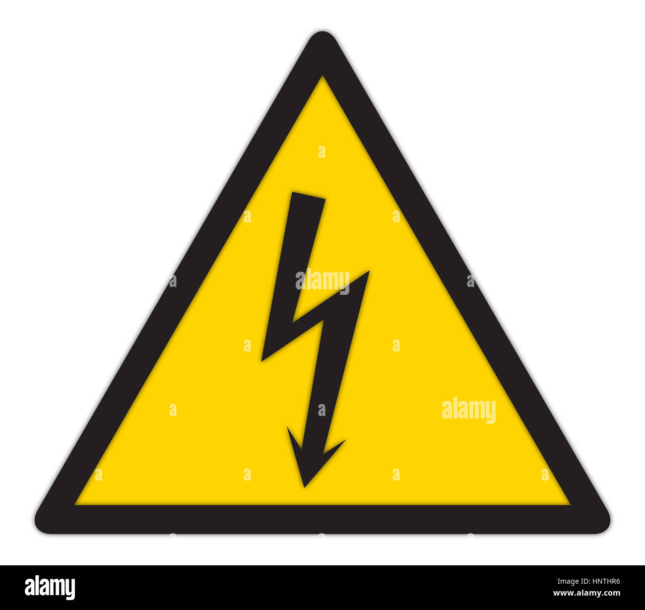 Eine dreieckige gelbe Schock-Warnschild isoliert auf weißem Hintergrund Stockfoto