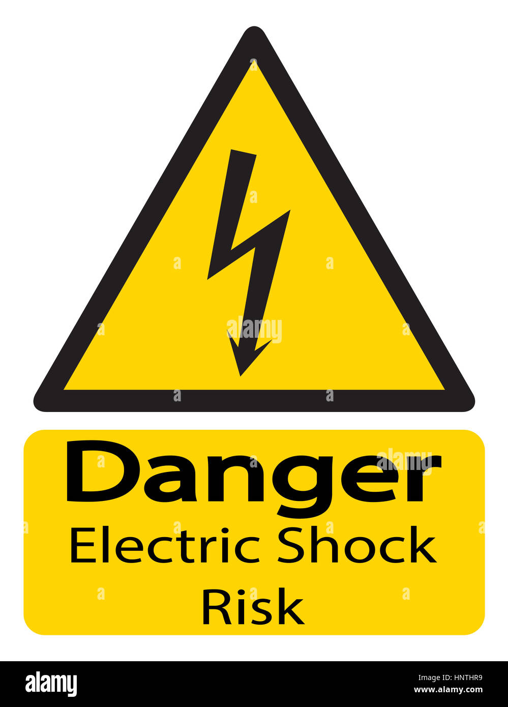 Eine dreieckige gelbe Schock Warnschild mit Text isoliert auf weißem Hintergrund Stockfoto