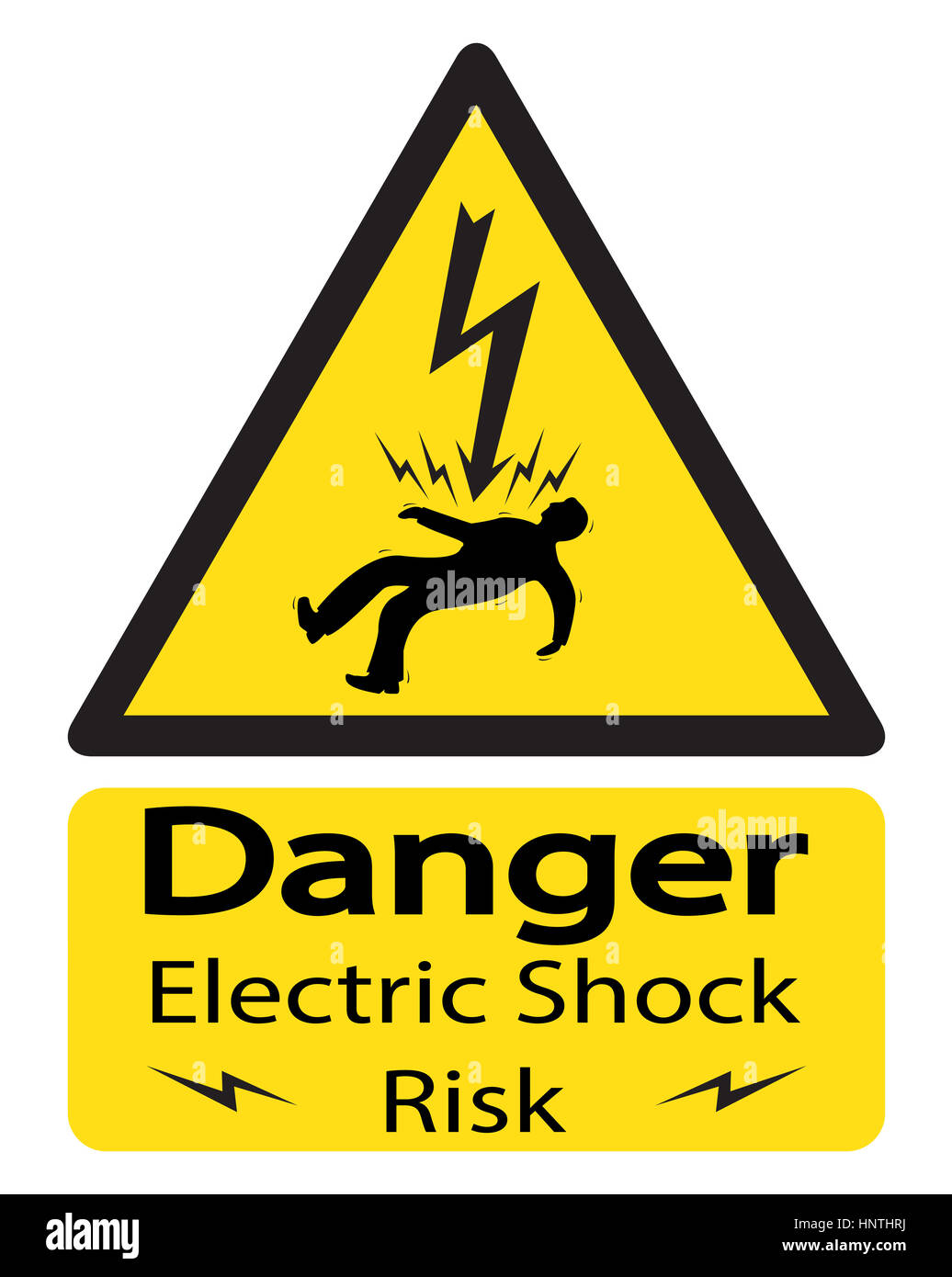 Ein Warnsignal dreieckigen gelben Schock mit einem Stromschlag Mann und Text auf einem weißen Hintergrund isoliert Stockfoto