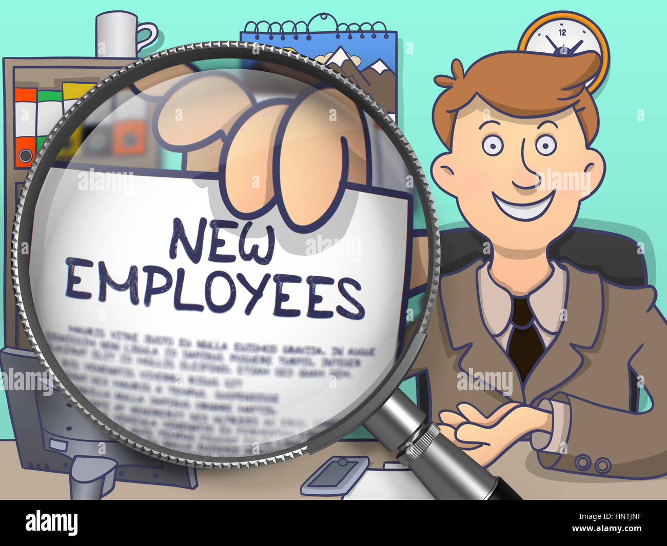 Neue Mitarbeiter durch Linse. Doodle-Konzept. Stockfoto