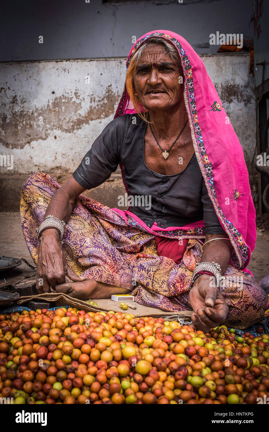 Alte indische Frau verkaufen Obst, Pushkar, Indien Stockfoto