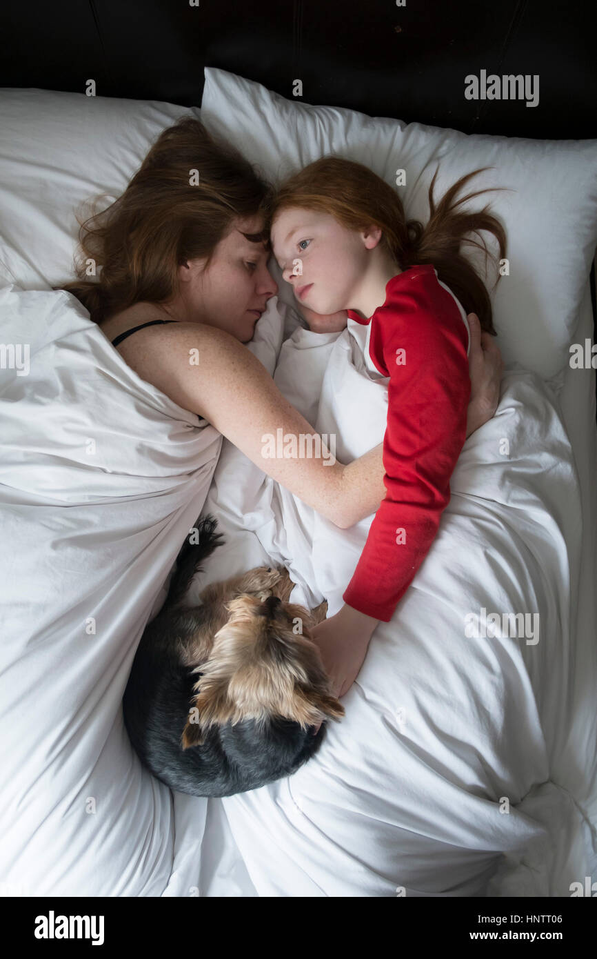 Ein kleines Mädchen mit ihrer Mutter und Hund morgens im Bett. Stockfoto
