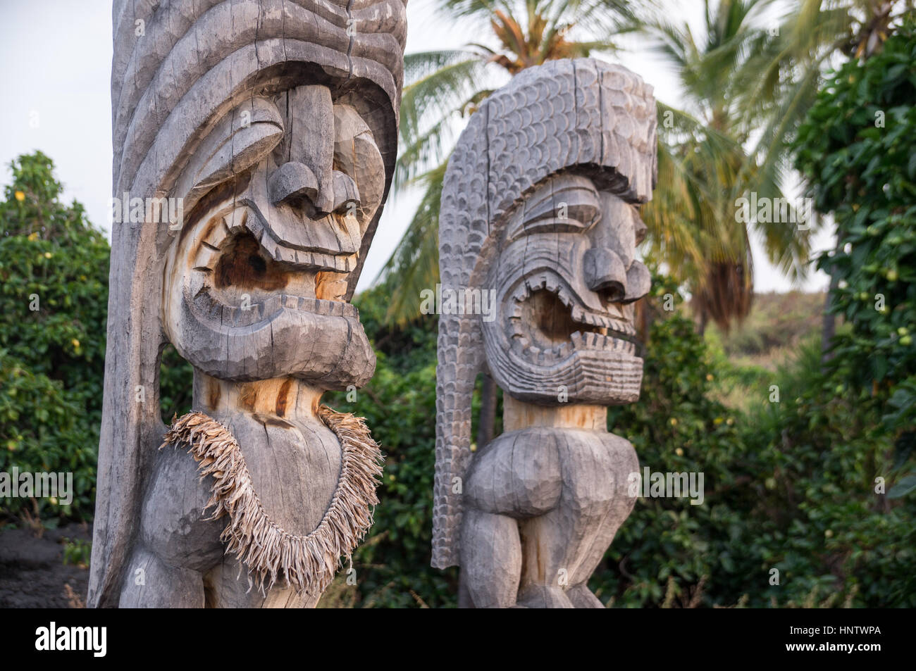 Hawaiian historische indigene Holzstatuen Stockfoto