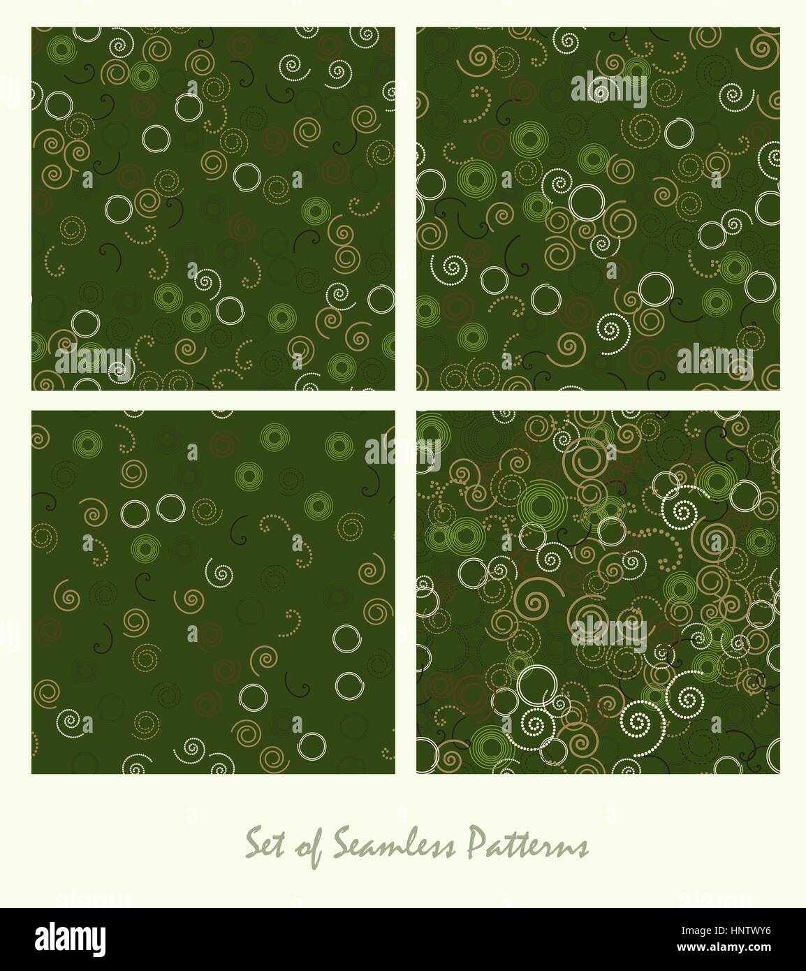 Satz von seamless pattern. Spiralen und Kreisen Farbe grünes Design. Dunkle abstrakten dekorativen Hintergründen. Vektor-Illustration. Stock Vektor