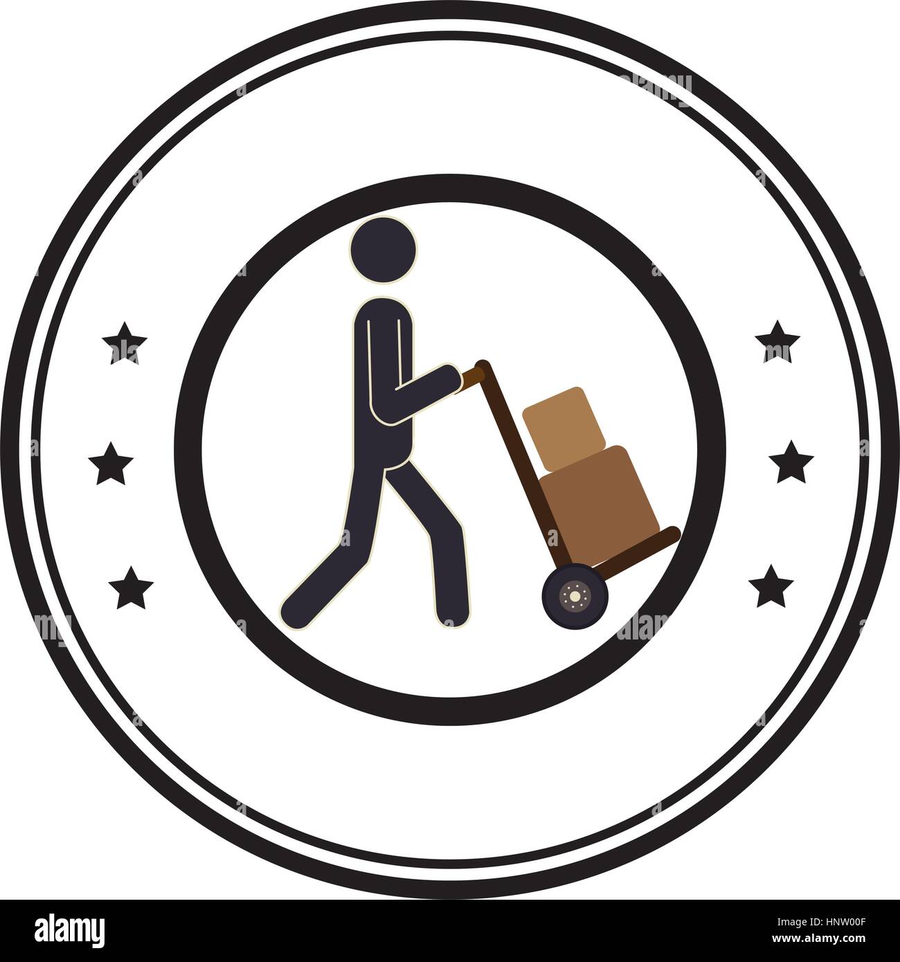 kreisförmigen Rahmen mit Farbe Silhouette mit Mann und Hand LKW mit Paket-Vektor-illustration Stock Vektor