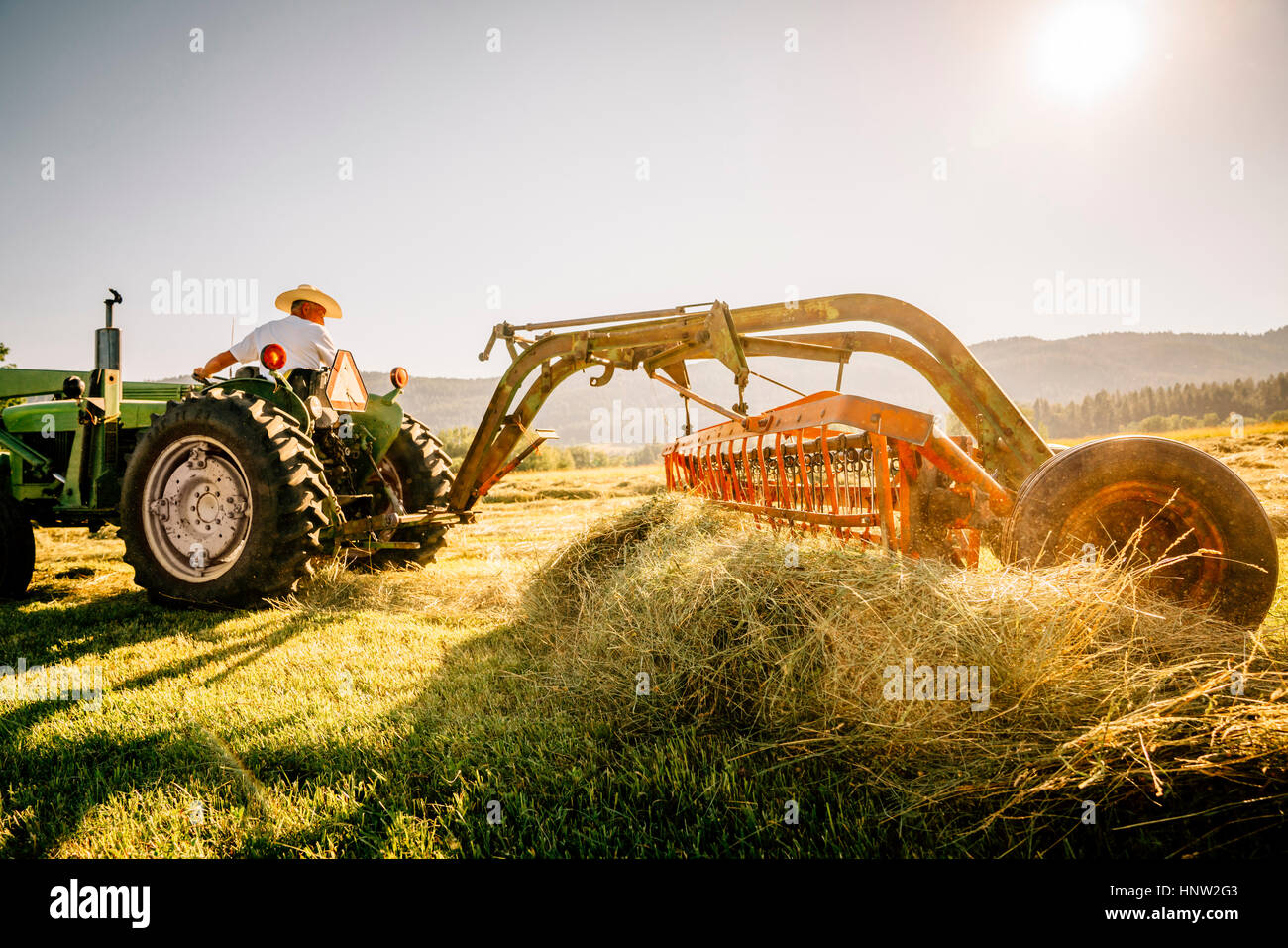 Kaukasische Landwirt treibende Traktor Stockfoto