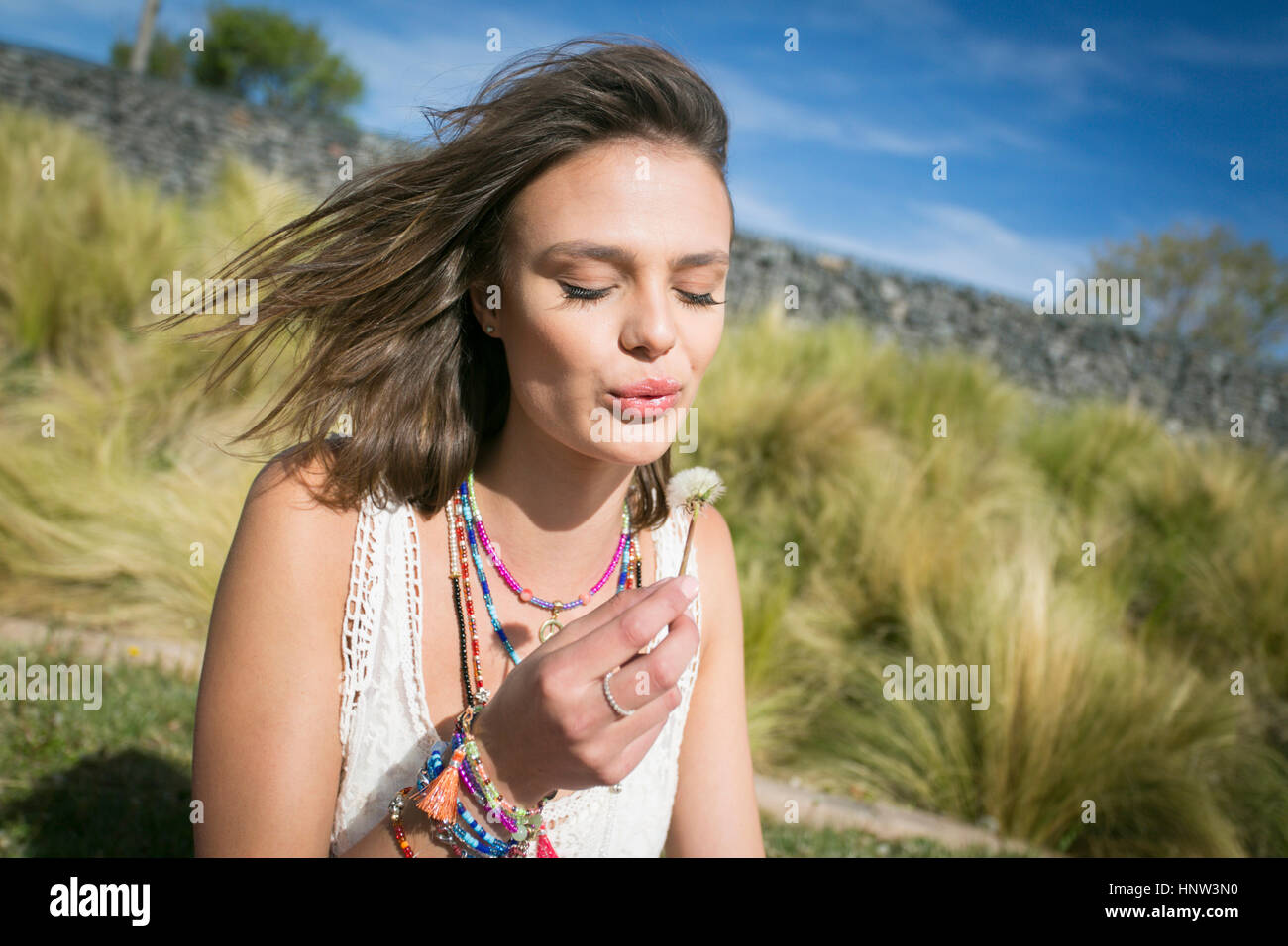 Kaukasische Frau auf Hügel weht auf Löwenzahn Stockfoto