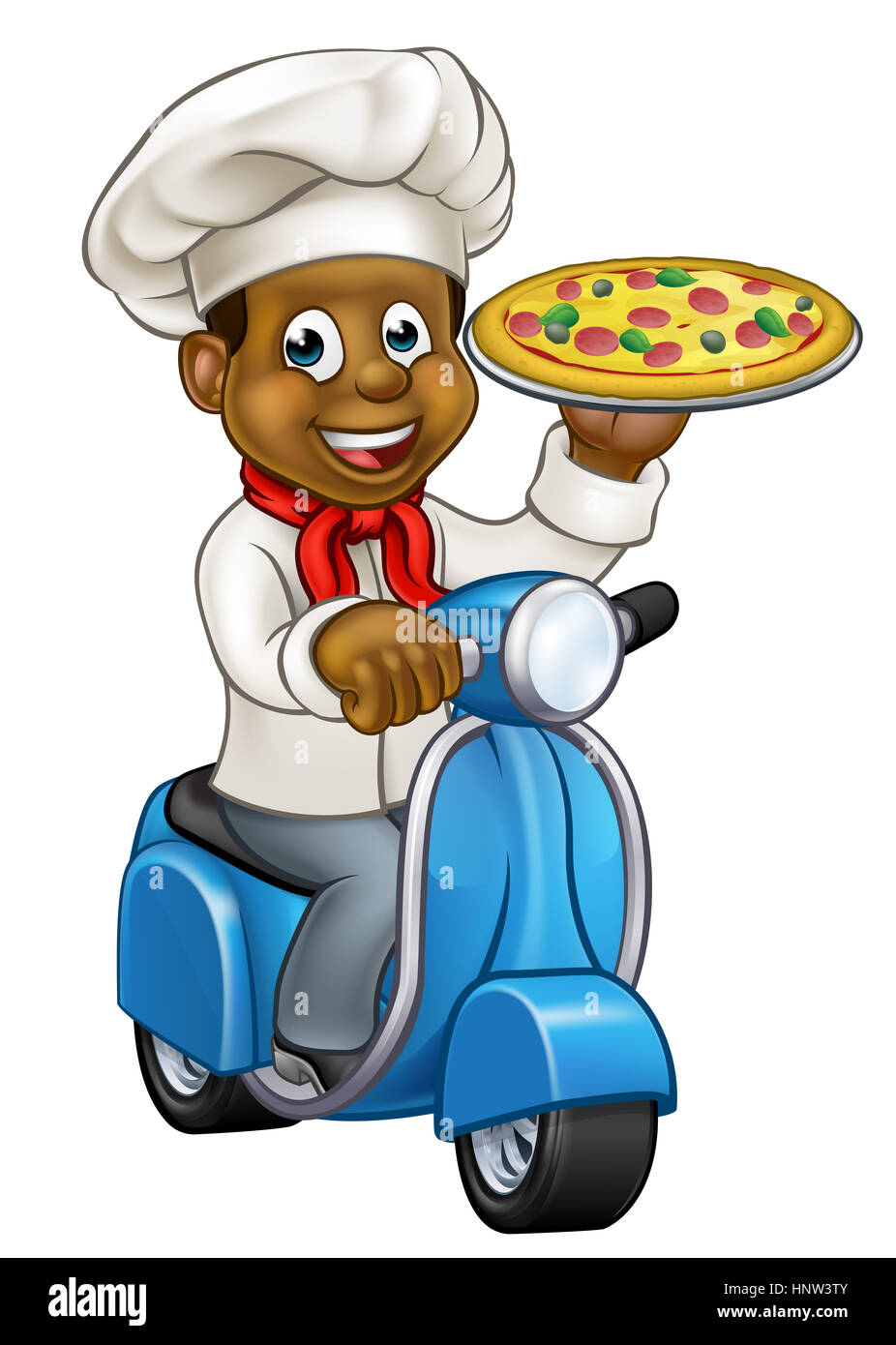Schwarzen Koch oder Köchin Zeichentrickfigur eine Lieferung Moped Motorrad-Motorroller und halten eine pizza Stockfoto
