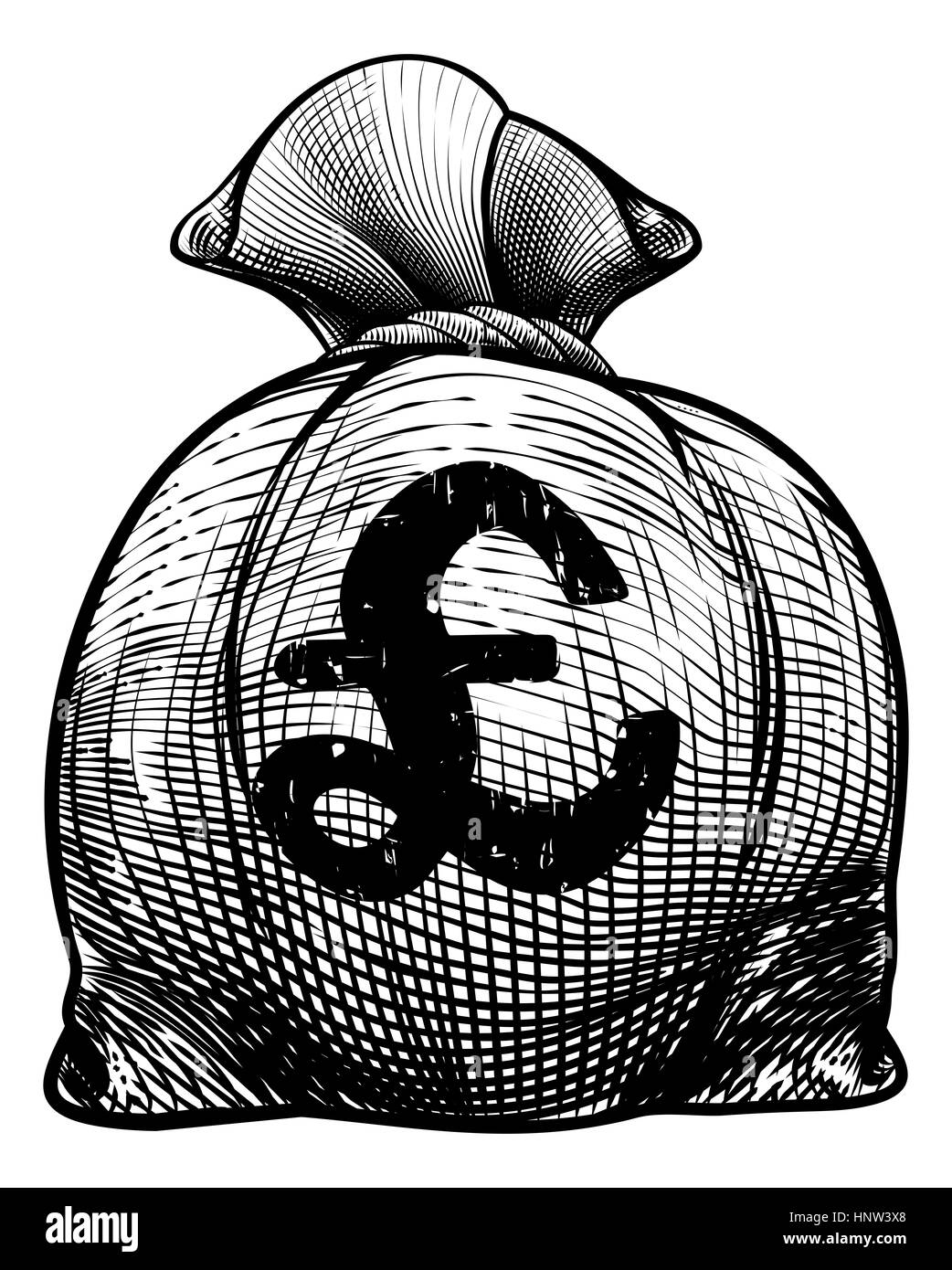 Jute Sack oder Geld Beutel in einem geätzten oder gravierten Holz schneiden Vintage-retro-Stil mit einem Nummernzeichen Stockfoto