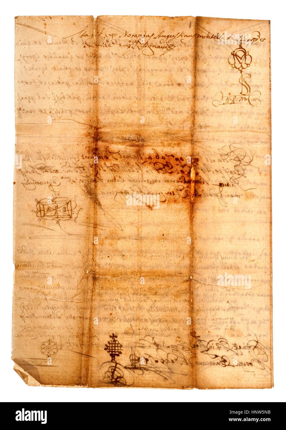 alte Handschrift isoliert auf weiss Stockfoto