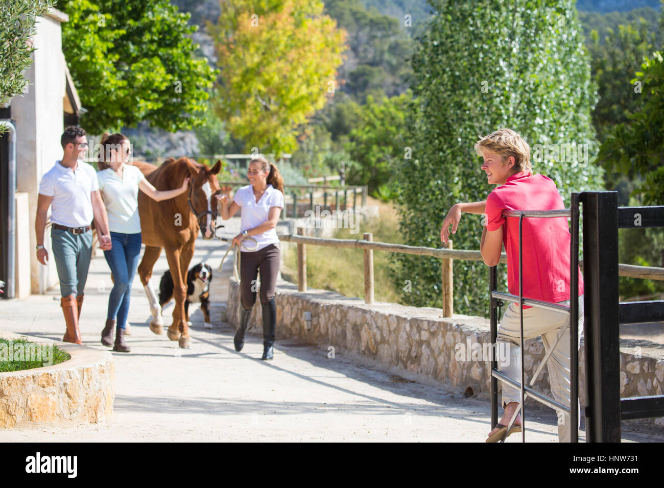 Junge weibliche Bräutigam führt Pferd in ländlichen Stallungen Stockfoto