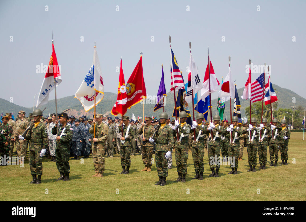 Soldaten an der Eröffnungsfeier der Cobra Gold 2017 in Sattahip, Thailand teilnehmen. Die Cobra Gold Übung ist eine große kombinierte militärische Übung in Südostasien zwischen der königlichen thailändischen Streitkräfte, die US-Streitkräfte und alliierte Streitkräfte. Stockfoto