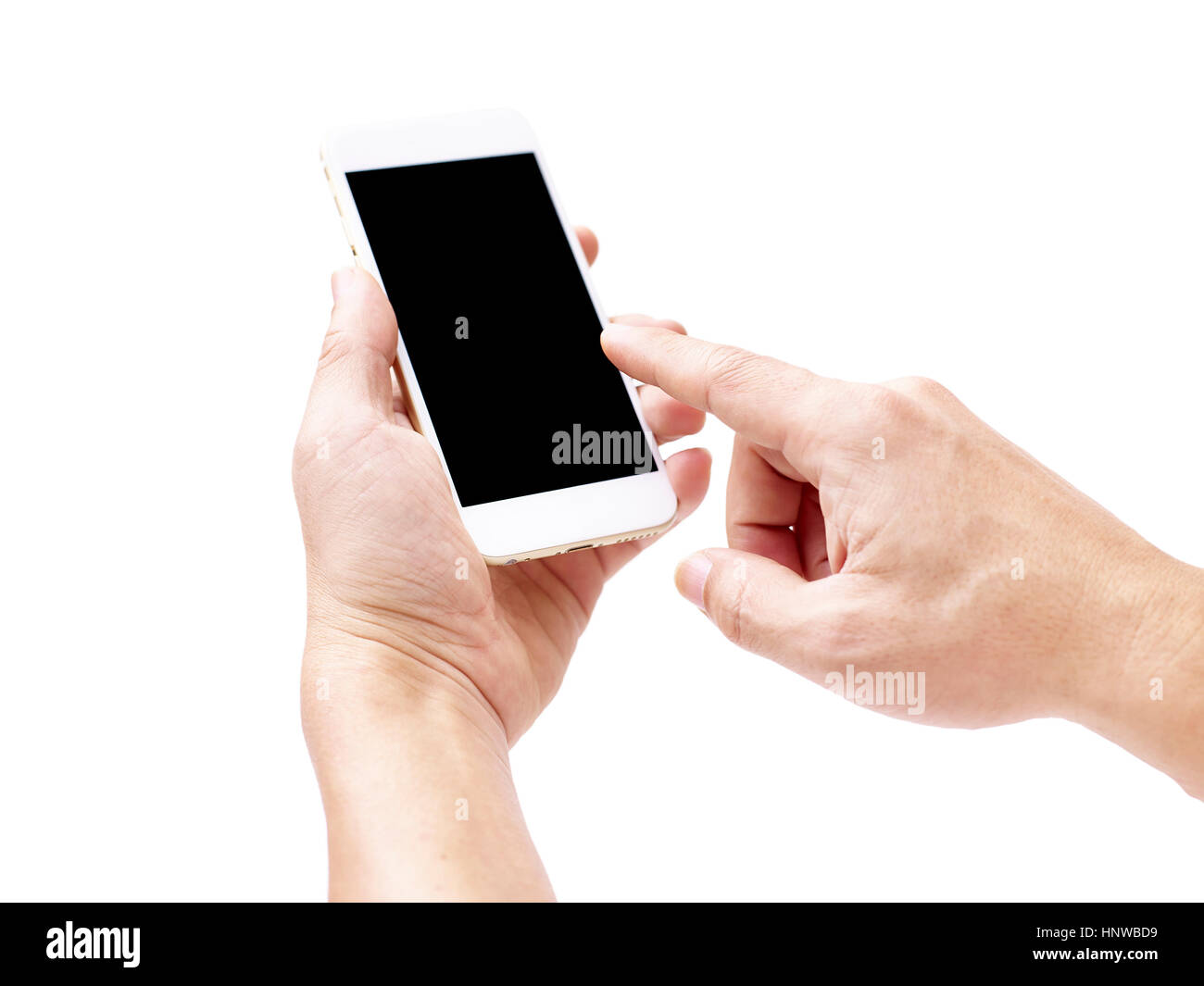 Hand eines Mannes mit einem Mobiltelefon mit schwarzen leeren Bildschirm, isoliert auf weißem Hintergrund. Stockfoto