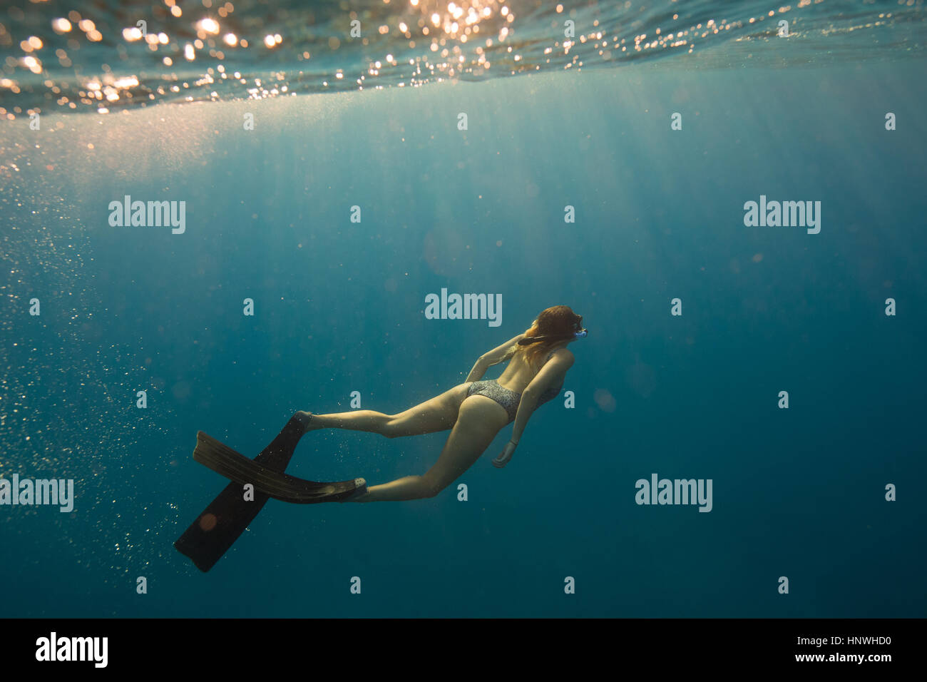 Frau mit Flossen Schwimmen unter Wasser, Oahu, Hawaii, USA Stockfoto