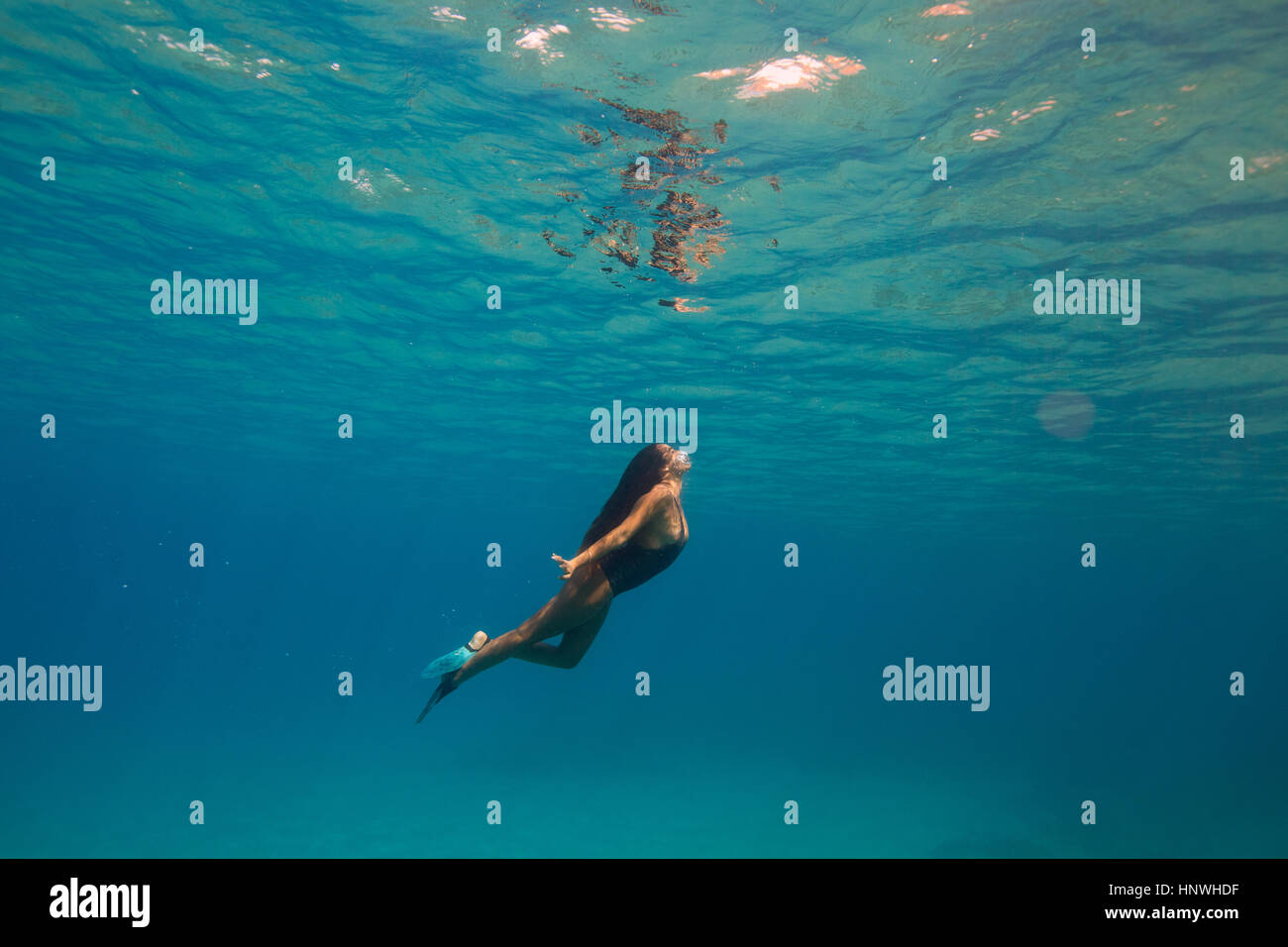 Frau, Schwimmen unter Wasser, Oahu, Hawaii, USA Stockfoto