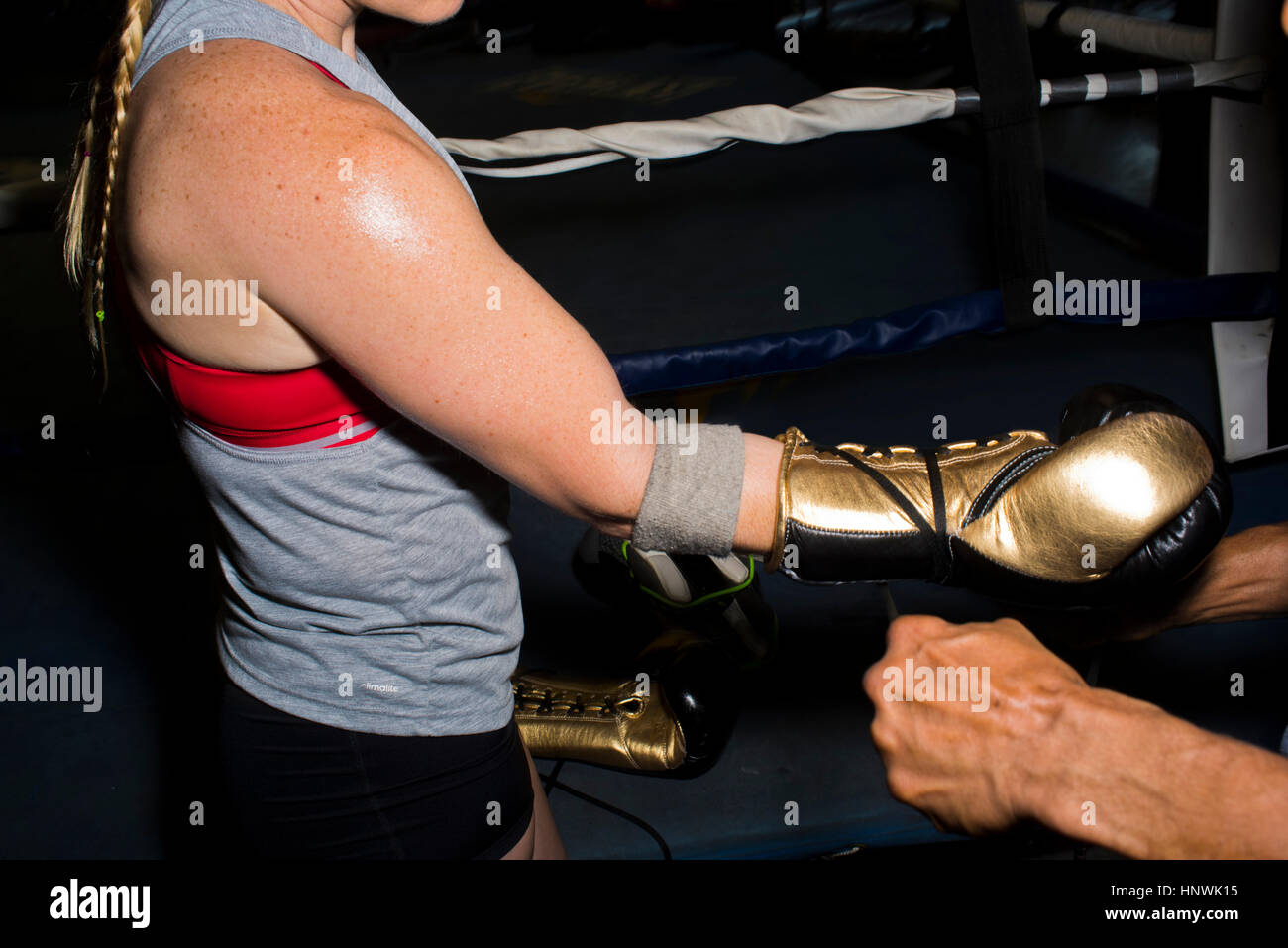 Trainer binden Boxhandschuh Schnürsenkel für Boxerin im Fitness-Studio Stockfoto