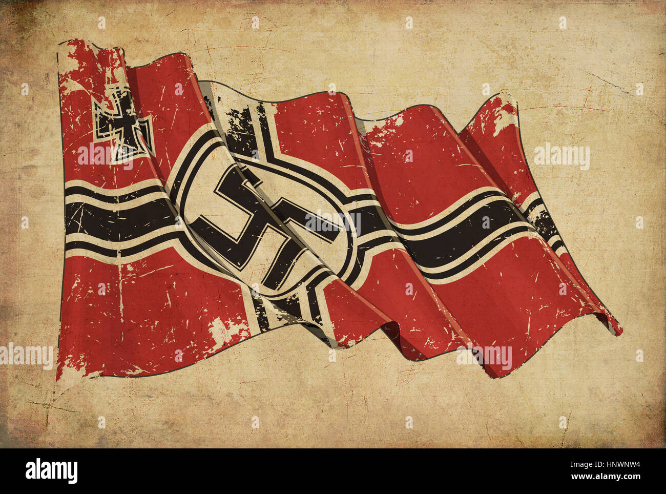 Redaktionelle Darstellung einer gealterten Papiers Tapete strukturierten Hintergrund mit einer zerkratzten Darstellung des deutschen Krieges Ensign 1938-1945. Stockfoto