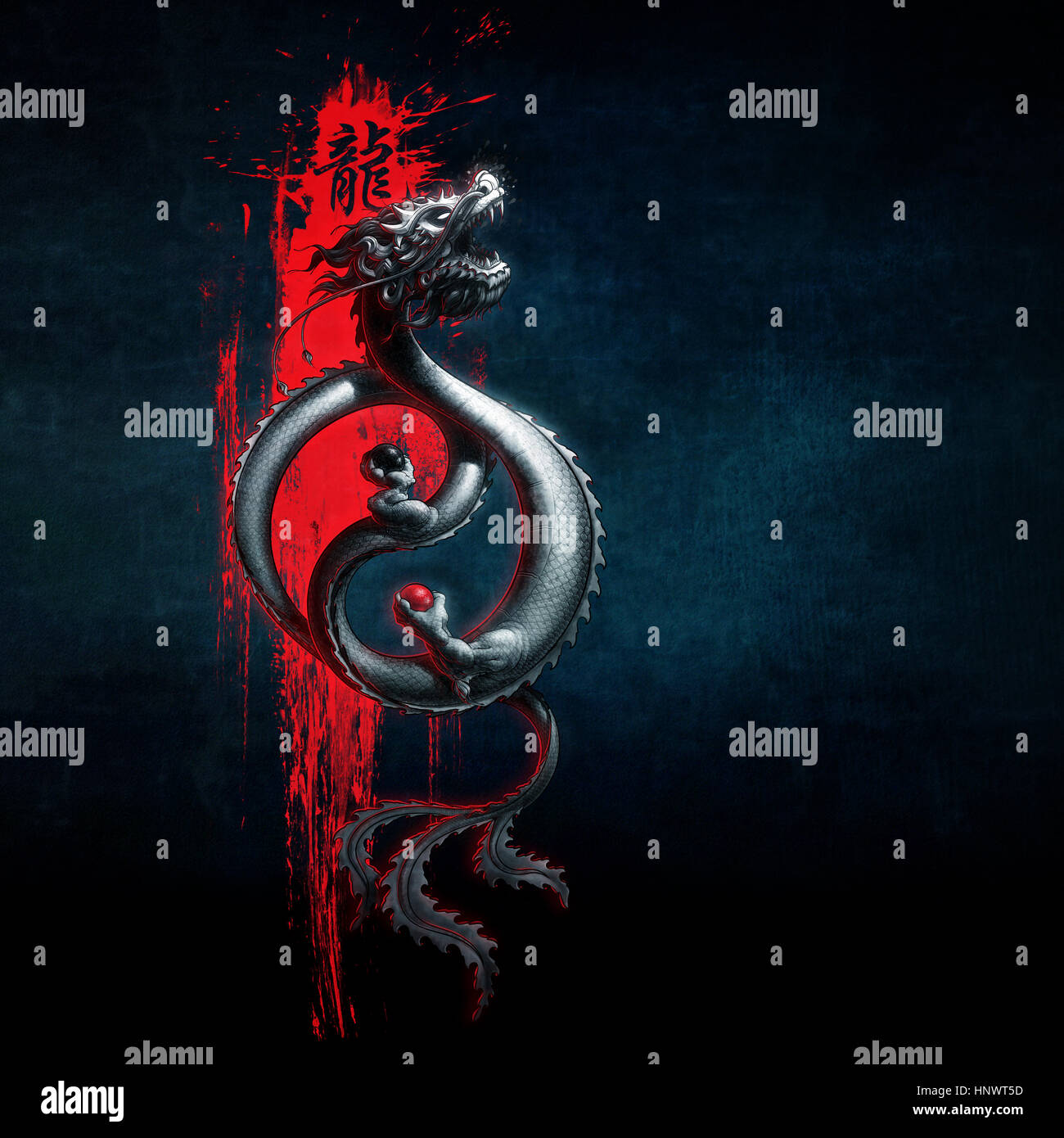 Abbildung eines fliegenden Oriental Drachen halten zwei Sphären, Gestaltung der Yin-Yang-Symbol. Das chinesische Ideogramm schreibt Dragon Stockfoto