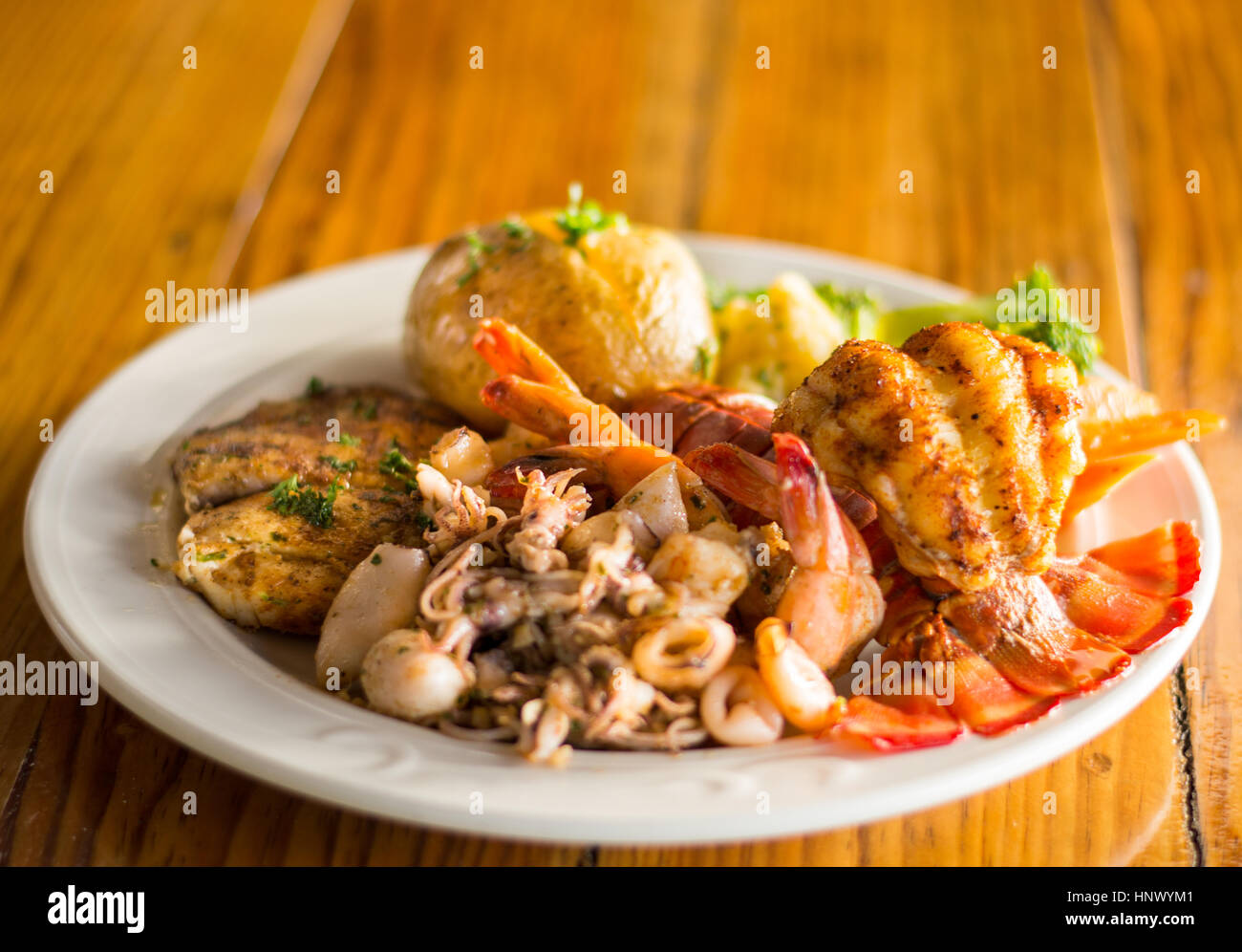 Fisch, Hummer und Calamri Meeresfrüchte-Platte Stockfoto
