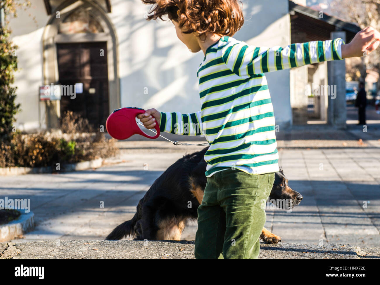 Junge spielt mit seinem besten Freund, seinem Hund Stockfoto