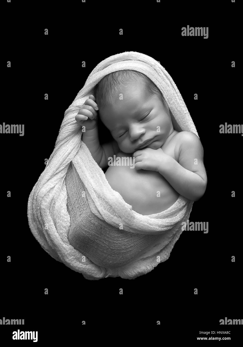 Wunderschöne Mischlinge neugeborenes Baby schlafen auf einem schwarzen Hintergrund in einer weißen Packung Stockfoto