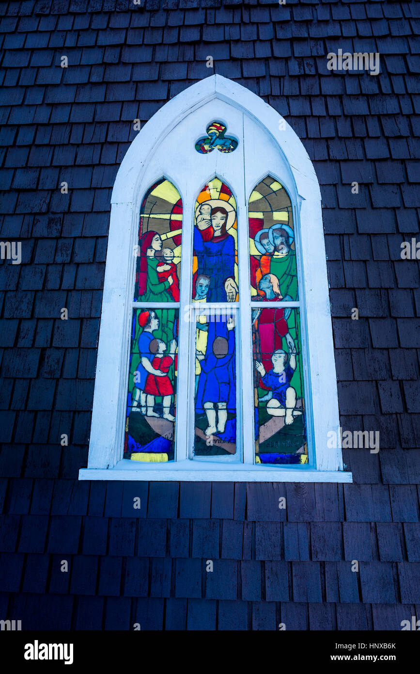 Buntglasfenster, Westwold Community Church, est. 1898, Westwold, British Columbia, Kanada Stockfoto