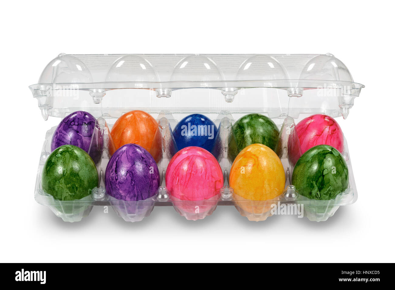 Bunt bemalten Eiern in transparenten Verpackungen Stockfoto