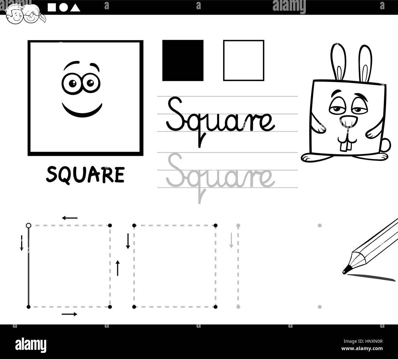 Schwarz / weiß pädagogische Cartoon Illustration des quadratischen geometrische Grundform für Kinder Malvorlagen Stock Vektor