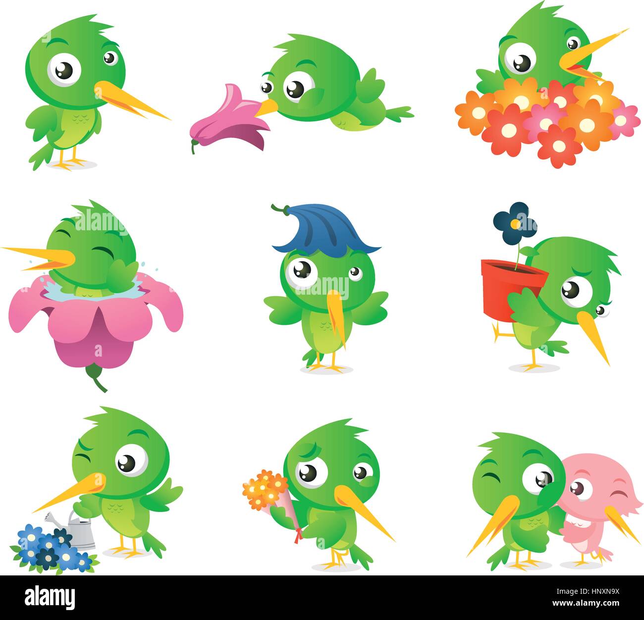 Cartoon Kolibri Vogel Set Sammlung, mit grünen niedlichen Vogel in verschiedenen Situationen wie, stehend Vogel, duftenden Blume Vogel, umgeben von Blumen Stock Vektor