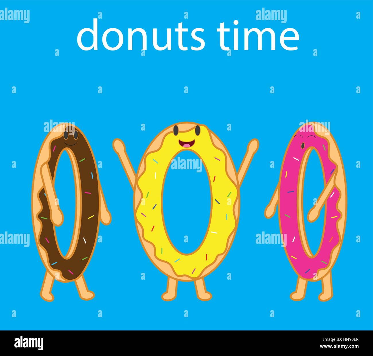 CartoonVektor von drei lustige Donuts. DonutsZeit