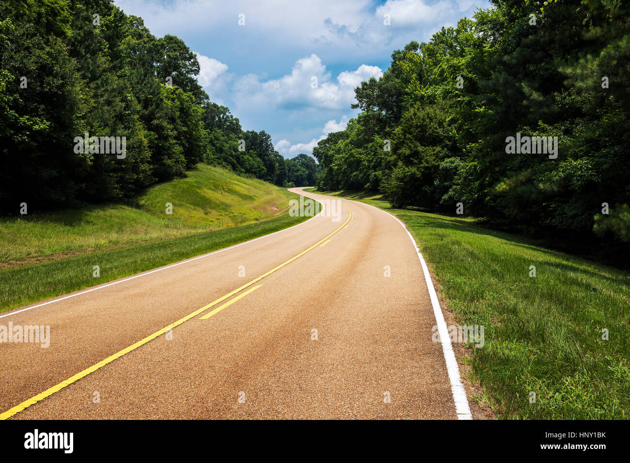 Blick auf den Natchez Trace Parkway in Mississippi; Konzept für eine Reise nach Amerika und Straße Reise in Amerika Stockfoto