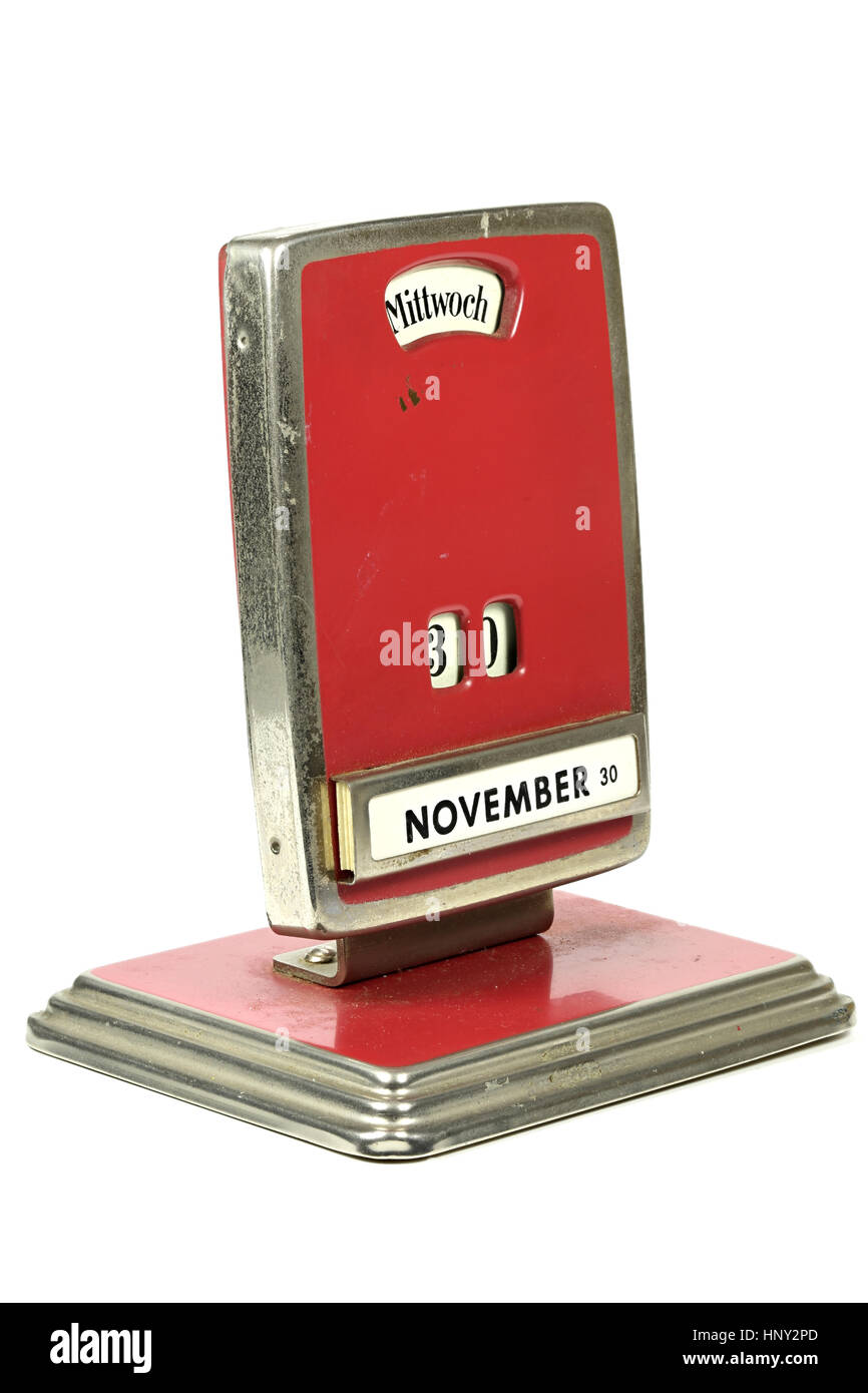 alten ewiger Kalender in deutscher Sprache mit 30. November isoliert auf weißem Hintergrund Stockfoto
