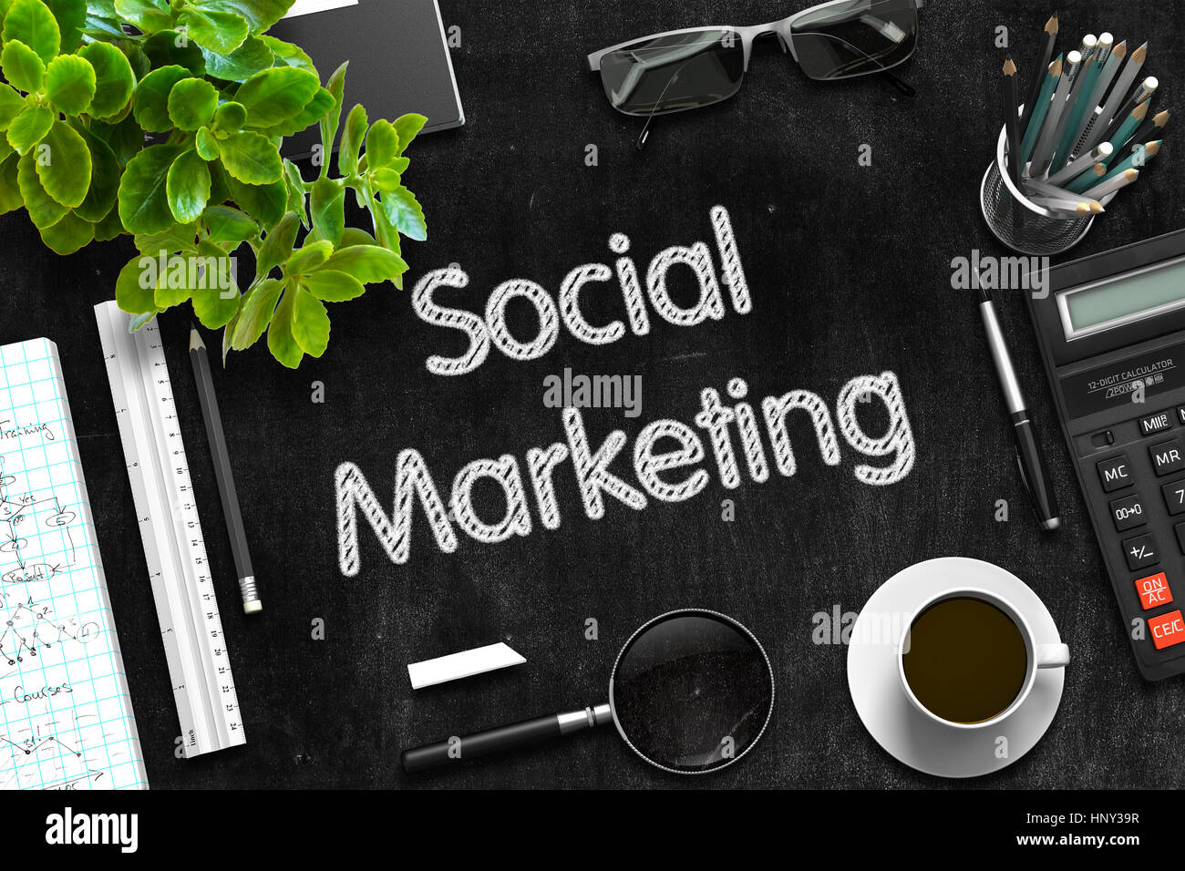 Social Marketing an schwarzen Tafel. 3D-Rendering. Stockfoto