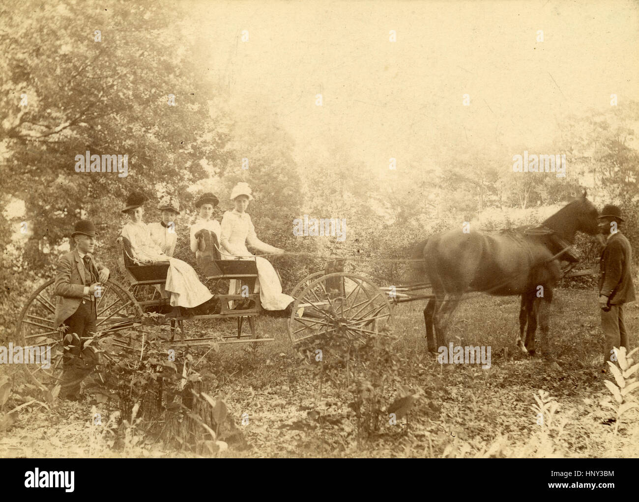 Antike c1890 Foto, Gruppe der viktorianischen Frauen in einer Kutsche mit afrikanisch-amerikanischer Mann Zügel. Ort: New England, USA. QUELLE: ORIGINAL FOTOABZUG. Stockfoto