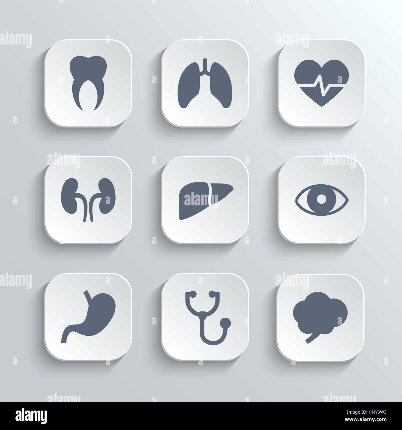 Medizinische Icons set - Vektor-weiße app-Buttons mit Herz Stethoskop Puls Zahn Gehirn Magen Lunge Leber Niere Auge Stock Vektor