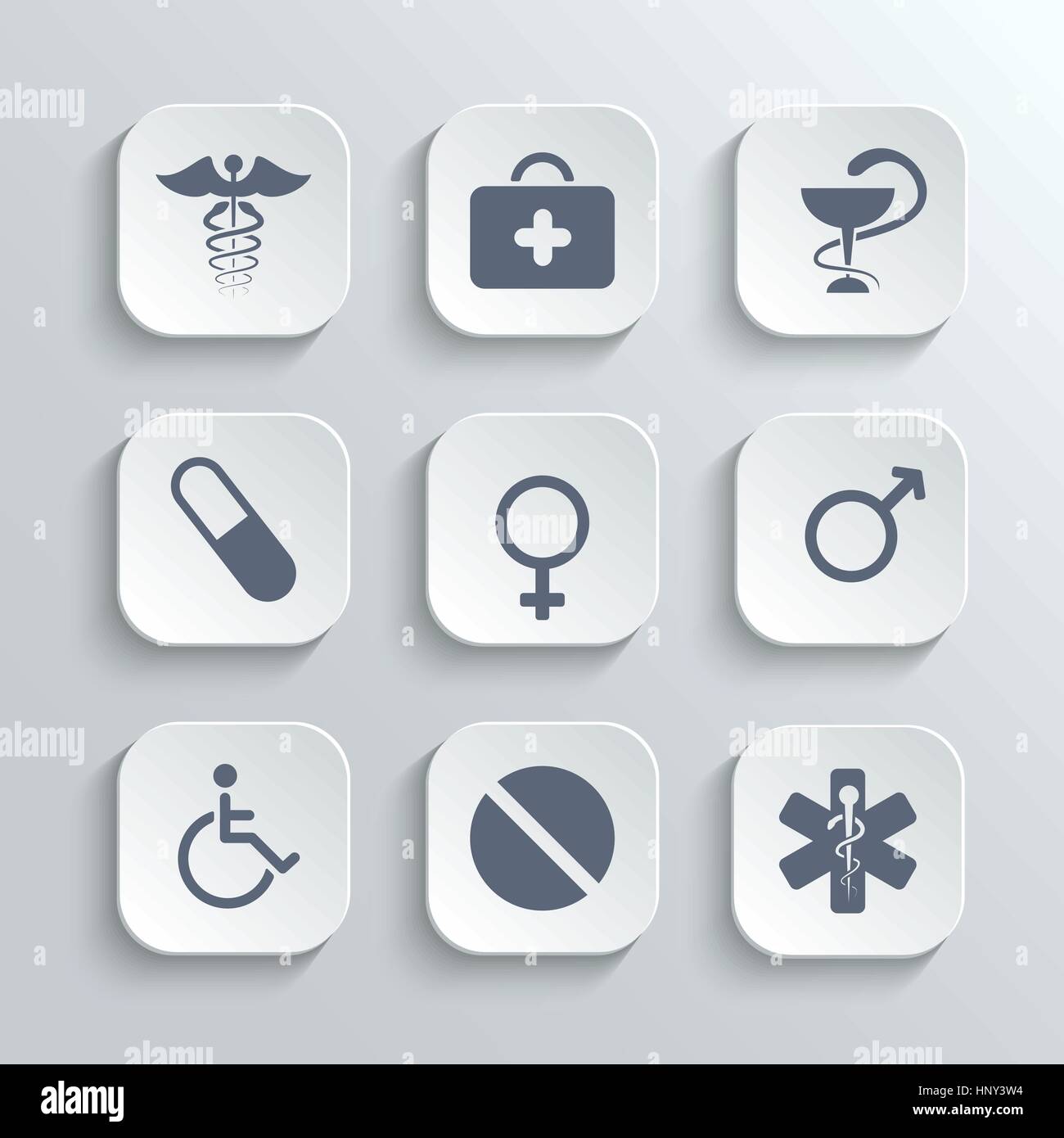 Medizinische Symbole - Vektor-weiße app-Buttons mit erste-Hilfe-Kit Caduceus Pillen Mann Frau Geschlecht und Symbole deaktiviert Stock Vektor